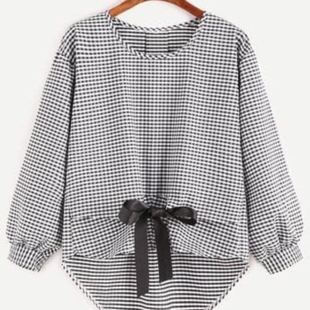 Gingham Black and White Plaid Gingham Bow Tie Front Blouse Long Sleeve Medium